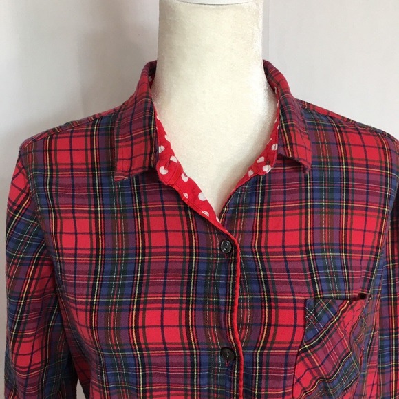Victoria’s Secret Pink Red Navy Blue Plaid Button Up Pajama Sleep Shirt Medium - Picture 1 of 12